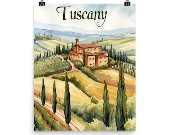 May include: A watercolor painting of a Tuscan landscape with a farmhouse, rolling hills, and cypress trees. The painting is titled "Tuscany".