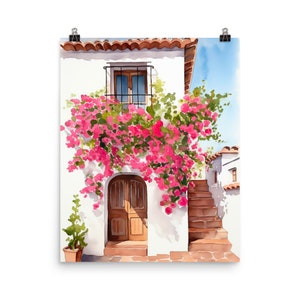 Spanish Door Watercolor Print | Spain Travel Gift | European Home Decor | Andalusia Wall Art | Alboran Sea | Mediterranean | Floral Door Art