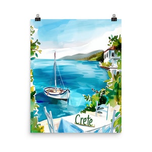 Crete Watercolor Print | Greece Travel Gift | Greek Island Wall Art | Aegean Sea | Coastal Decor | Seaside Painting | Heraklion | Taverna