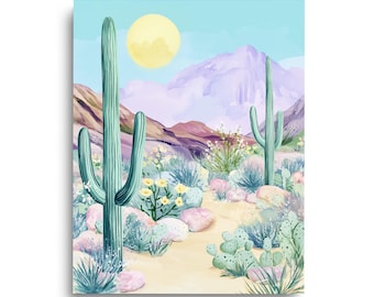 Pastel Desert Cactus Print or Canvas, Lavender Mountains and Yellow Sun, Southwest Landscape Wall Art