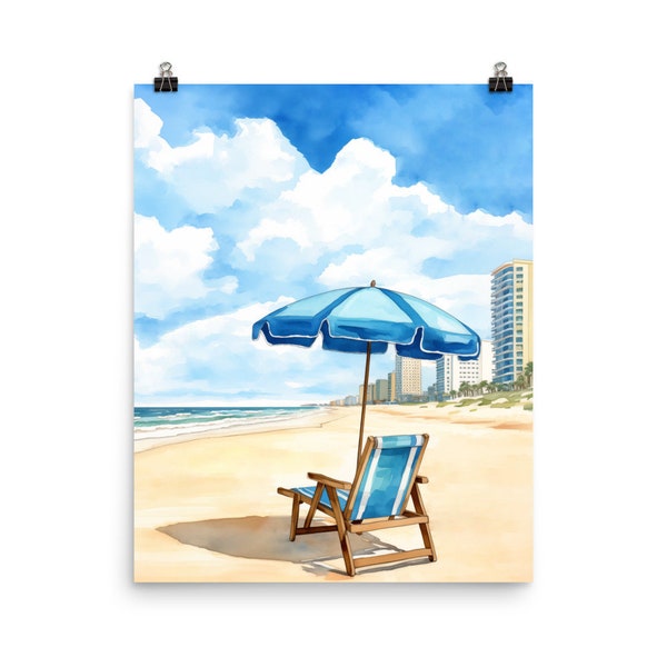 Daytona Beach Watercolor Print | Florida Travel Gift | Beach Chair and Umbrella | Coastal Wall Art | Beachfront Decor | The Sunshine State