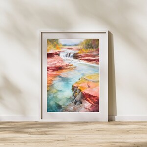 Puede incluir: Una pintura de acuarela de una cascada que fluye a trav&eacute;s de un ca&ntilde;&oacute;n con formaciones rocosas rojas, naranjas y amarillas. El agua es de un azul turquesa vibrante.