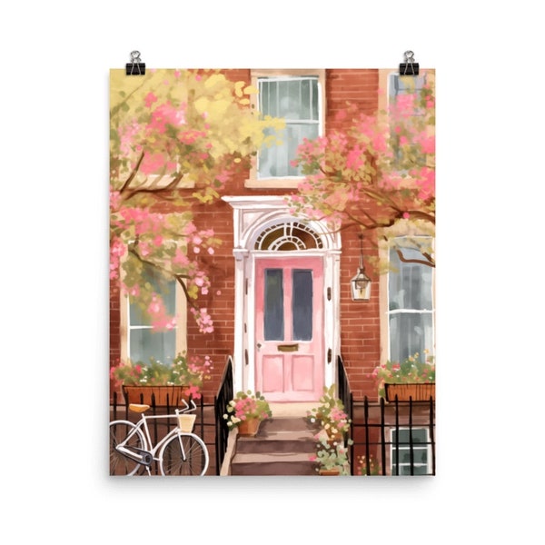 Cornelia Street Watercolor Print, Retro Pink Door NYC Wall Art, Manhattan Cityscape Poster