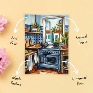 May include: A colorful illustration of a kitchen with a blue stove, a window with a view of a tropical scene, and a tiled backsplash. The text "Dominican Republic" is visible on a jar on a shelf.