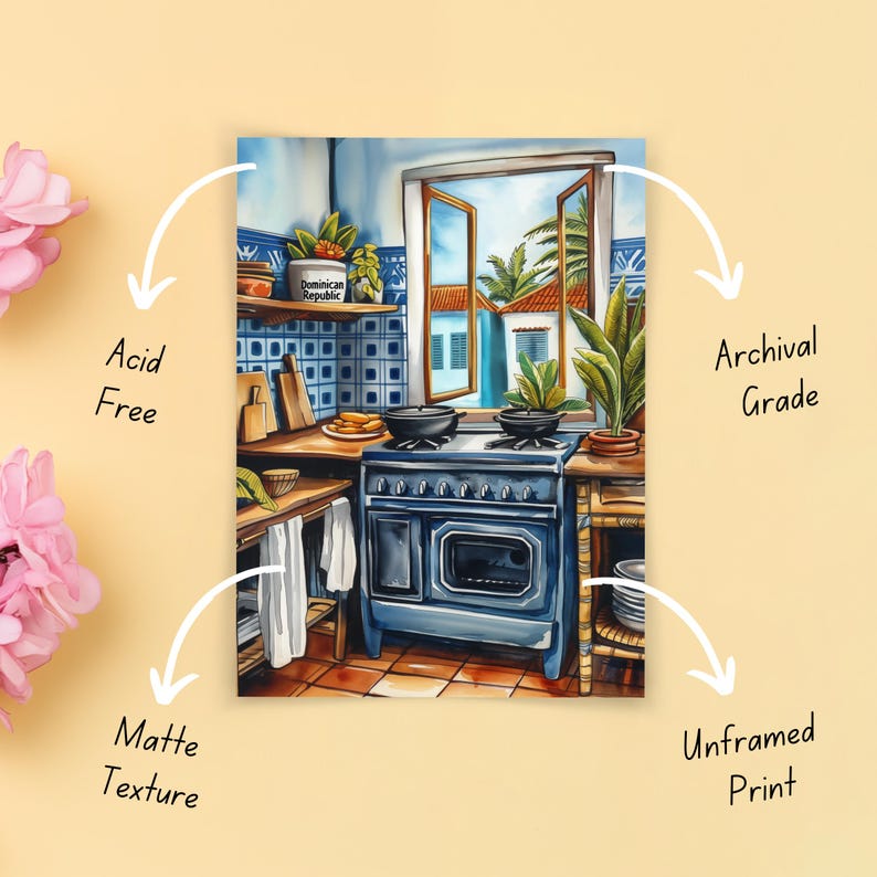 May include: A colorful illustration of a kitchen with a blue stove, a window with a view of a tropical scene, and a tiled backsplash. The text "Dominican Republic" is visible on a jar on a shelf.