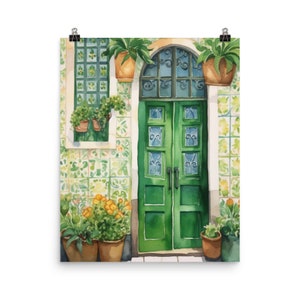 Lisbon Watercolor Print |  Portugal Travel Gift | Green Door Wall Art | Portuguese Home Decor | Europe Poster | Door Painting | Street Art