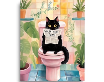 Black Cat Watercolor Print, Funny Bathroom Wall Art, Wash Your Paws Poster, Quirky Feline Decor, Cute Animal Humor Artwork, Cat Lover Gift