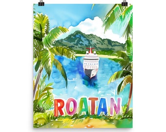 Roatan Watercolor Print, Tropical Island Cruise Ship Wall Art, Caribbean Coastal Poster, Exotic Seaside Decor, Honduras Travel Gift