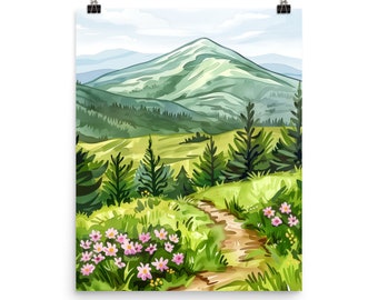 Roan Mountain Watercolor Print, Appalachian Trail Landscape Wall Art, North Carolina Poster, Hiking Nature Artwork, Blue Ridge Decor