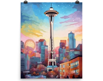 Space Needle Watercolor Print, Seattle Skyline Artwork, Pacific Northwest City Decor