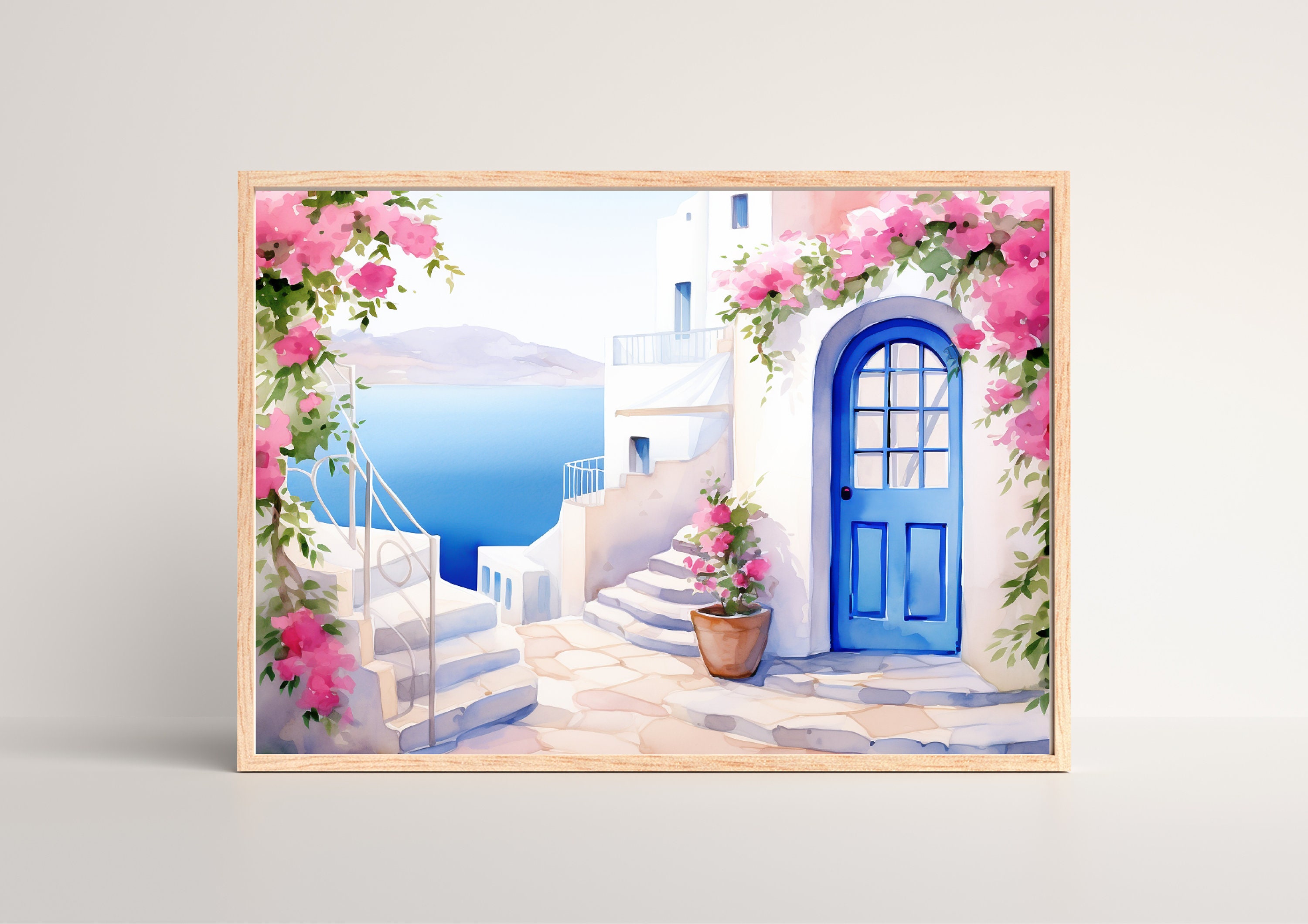 Mykonos Blue Door Watercolor Print | Greece Travel Gift | Greek Island Art | Cyclades | Aegean Sea | Mediterranean Decor | Greece Poster