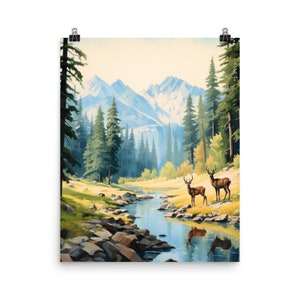 Yosemite National Park Watercolor Print | California Travel Poster | Mountain Landscape Decor | Yosemite Gift | Deer Art | Sierra Nevada