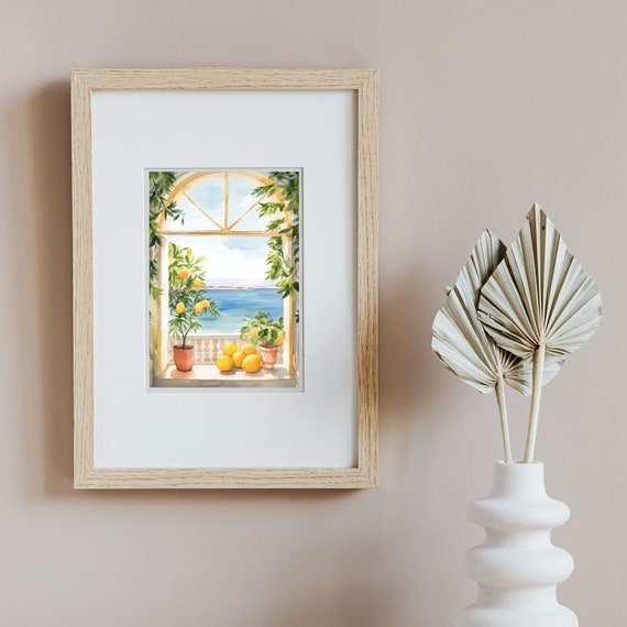 Sicily Lemon Tree Window Print or Canvas, Potted Citrus and Blue