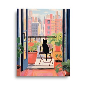 Black Cat | Retro NYC Watercolor Print | New York Poster | Manhattan Wall Art | Black Cat Painting | NYC Balcony | Cityscape | Cat Art Gift