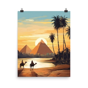 Cairo Watercolor Print | Egypt Travel Gift | Egyptian Decor | Great Pyramids Art | African Poster | Palm Trees | Camel Art | World Wonder