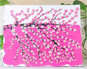 8 x 10 ORIGINAL Textured Acrylic Painting on Canvas | Pink White Cherry Blossoms Gold | Gift | Décor