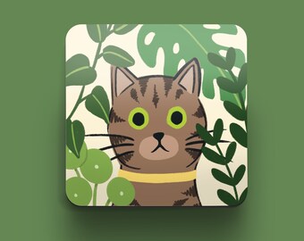 Tabby Cat Coaster | Gift for Cat Lovers | Gift for Tabby Cat Owners | Coffee Table Coasters | Cats and Plants | Cats and Garden Coaster