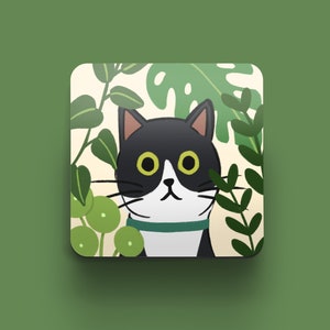 Black and White Cat Coaster Gift for Cat Lovers Gift for Cat Owners Coffee Table Coasters Cats and Plants Cats and Garden Coaster image 1