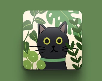 Black Cat Coaster | Gift for Cat Lovers | Gift for Black Cat Owners | Coffee Table Coasters | Cats and Plants