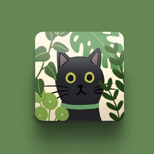 Black Cat Coaster | Gift for Cat Lovers | Gift for Black Cat Owners | Coffee Table Coasters | Cats and Plants