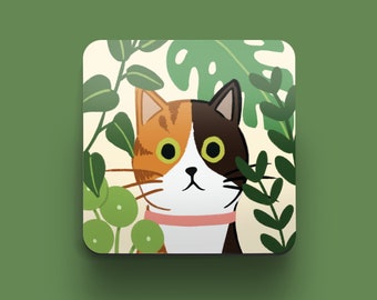 Calico Cat Coaster / Regalo para amantes de los gatos / Regalo para propietarios de gatos Calico / Posavasos de mesa de centro / Gatos y plantas / Gatos y montaña rusa de jardín