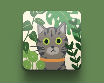 Grey Tabby Cat Coaster | Gift for Cat Lovers | Gift for Grey Cat Owners | Coffee Table Coasters | Cats and Plants | Cats and Garden Coaster