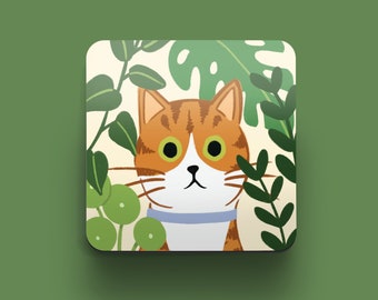 Ginger & White Cat Coaster / Regalo para amantes de los gatos / Regalo para dueños de gatos / Posavasos de mesa de centro / Gatos y plantas / Gatos y posavasos de jardín