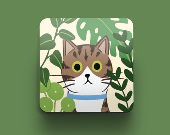 Tabby and White Cat Coaster | Gift for Cat Lovers | Gift for Cat Owners | Coffee Table Coasters | Cats and Plants | Cats and Garden Coaster