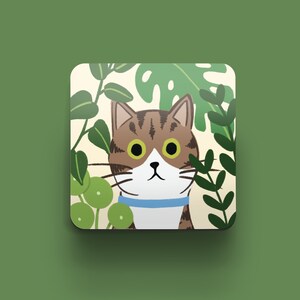 Tabby and White Cat Coaster Gift for Cat Lovers Gift for Cat Owners Coffee Table Coasters Cats and Plants Cats and Garden Coaster image 1