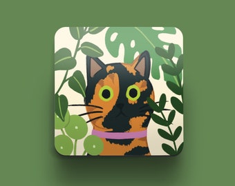 Tortie Cat Coaster | Gift for Cat Lovers | Gift for Tortie Cat Owners | Coffee Table Coasters | Cats and Plants | Cats and Garden Coaster