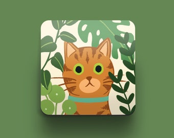 Ginger Cat Coaster | Gift for Cat Lovers | Gift for Ginger Cat Owners | Coffee Table Coasters | Cats and Plants | Cats and Garden Coaster