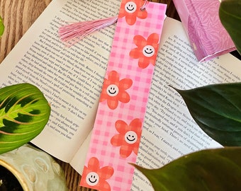 Happy Flowers Bookmark | Double-sided | Groovy | Pink Gingham | Cute Flowers | Bookworm | Gifts for Bookworm