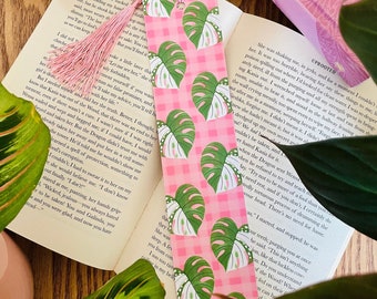 Marcador de patrón Monstera / Doble cara / Monstera abigarrada / Gingham rosa / Planta de interior / Ratón de biblioteca / Regalos para ratón de biblioteca