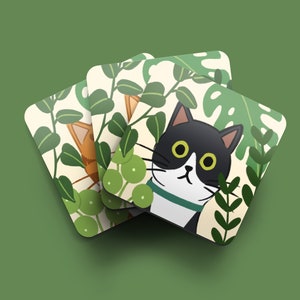 Black and White Cat Coaster Gift for Cat Lovers Gift for Cat Owners Coffee Table Coasters Cats and Plants Cats and Garden Coaster image 3