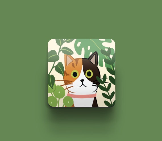 Calico Cat Coaster | Gift for Cat Lovers | Gift for Calico Cat Owners | Coffee Table Coasters | Cats and Plants | Cats and Garden Coaster