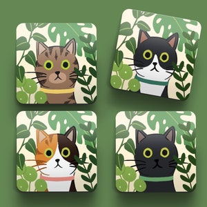 Black and White Cat Coaster Gift for Cat Lovers Gift for Cat Owners Coffee Table Coasters Cats and Plants Cats and Garden Coaster image 4