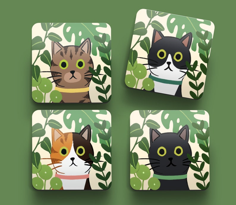 Black and White Cat Coaster Gift for Cat Lovers Gift for Cat Owners Coffee Table Coasters Cats and Plants Cats and Garden Coaster image 4