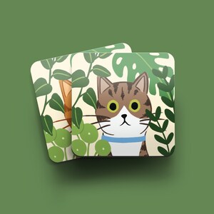 Tabby and White Cat Coaster Gift for Cat Lovers Gift for Cat Owners Coffee Table Coasters Cats and Plants Cats and Garden Coaster image 2