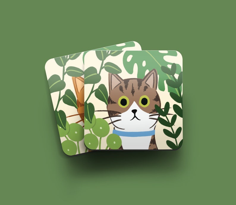 Tabby and White Cat Coaster Gift for Cat Lovers Gift for Cat Owners Coffee Table Coasters Cats and Plants Cats and Garden Coaster image 2