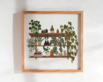 Tuxedo Black and White Cat and Plant Shelf Print | House plants | Boho shelf print | Cat Owner | Plant Parent | Monstera | ZZ Plant