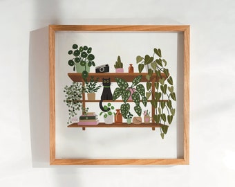 Impresión de estante de plantas y gatos negros / Plantas de interior / Impresión de estante Boho / Propietario de gato / Padre de planta / Monstera / Planta ZZ / Minimalista