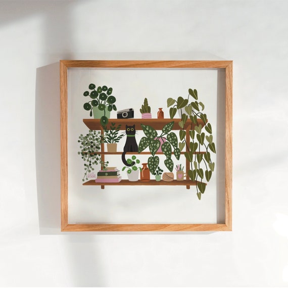 Black Cat and Plant Shelf Print | House plants | Boho shelf print | Cat Owner | Plant Parent | Monstera | ZZ Plant | Minimalist