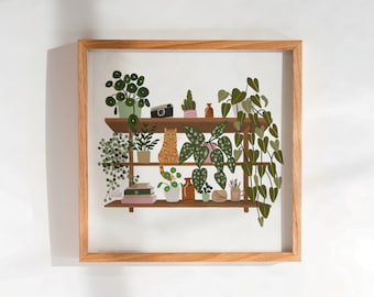 Ginger Tabby Cat and Plant Shelf Print / Plantas de la casa / Impresión de estante Boho / Propietario del gato / Padre de la planta / Monstera / Planta ZZ / Gato naranja