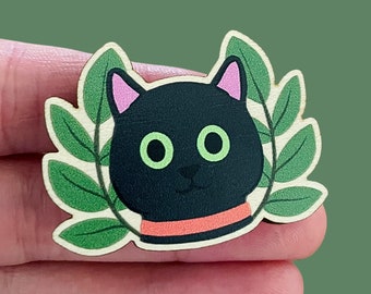 Insignia de pasador de madera de gato negro / Regalo ecológico para los amantes de los gatos / Amantes de los gatos negros / Regalo para los dueños de gatos / Regalo para ella / Gatos y plantas