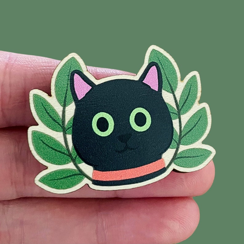 Black Cat Wooden Pin Badge Eco-Fiendly Gift for Cat Lovers Black Cat Lovers Gift for Cat Owners Gift For Her Cats and Plants image 1