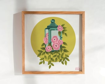 Floral Lantern Illustration Print | 12x12inch | Pretty Flowers | Prints for girls room | Artwork for little girls room | Print for Daughter