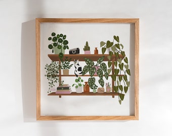 Impresión de estante de plantas y gatos en blanco y negro / Plantas de interior / Impresión de estante Boho / Propietario de gato / Padre de planta / Monstera / Planta ZZ