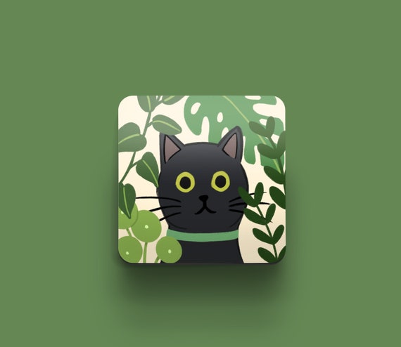 Black Cat Coaster | Gift for Cat Lovers | Gift for Black Cat Owners | Coffee Table Coasters | Cats and Plants