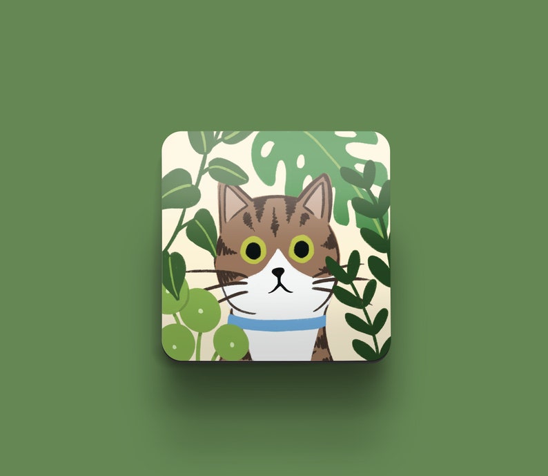 Tabby and White Cat Coaster Gift for Cat Lovers Gift for Cat Owners Coffee Table Coasters Cats and Plants Cats and Garden Coaster image 1