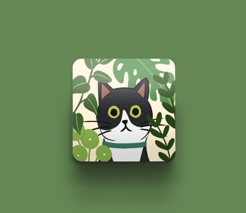 Black and White Cat Coaster Gift for Cat Lovers Gift for Cat Owners Coffee Table Coasters Cats and Plants Cats and Garden Coaster image 1